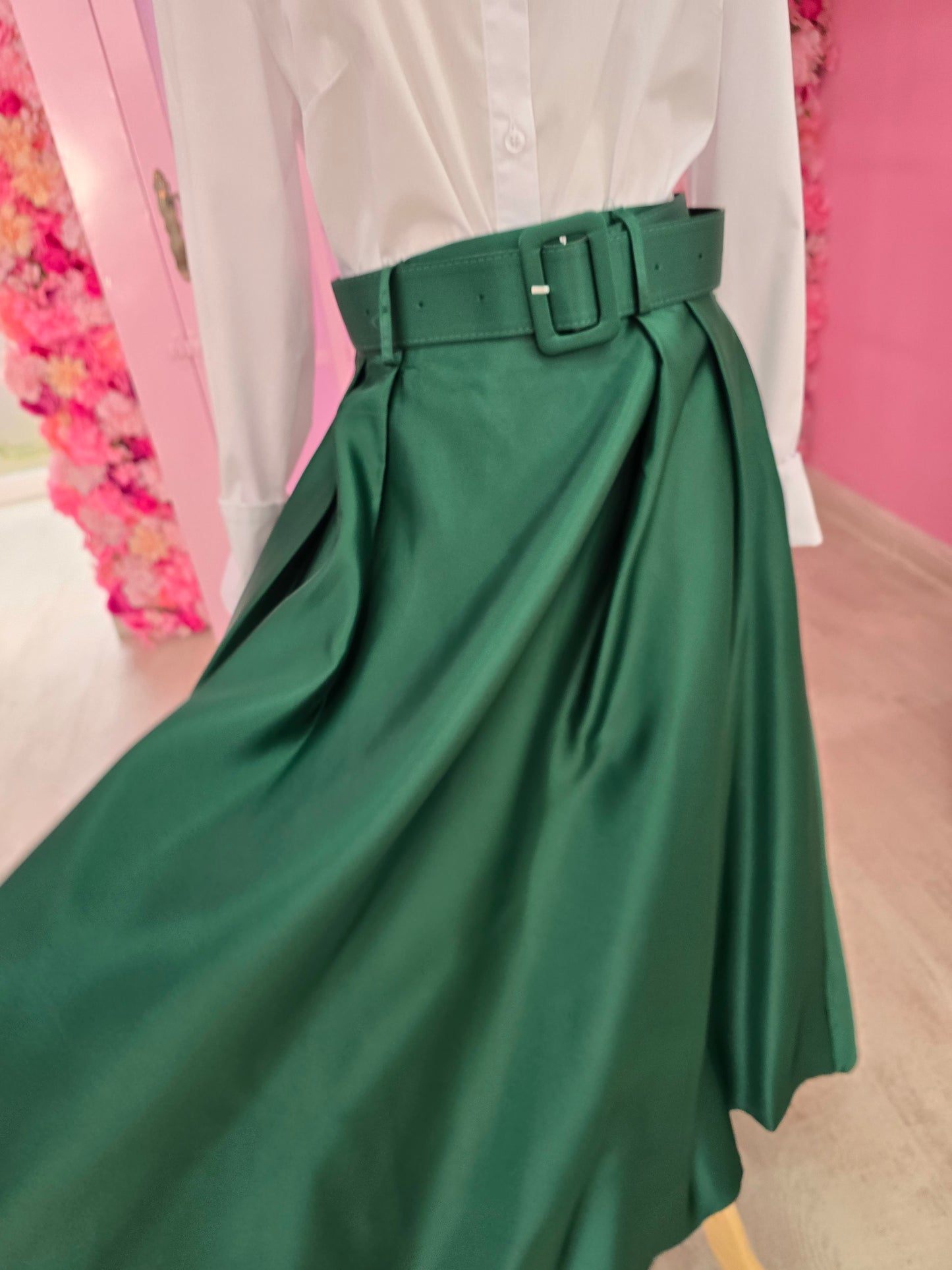 Forrest Green A-Line Skirt Silk ( Belt included)