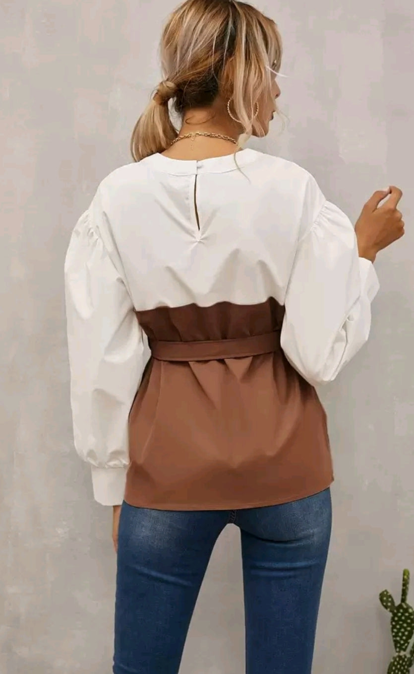 Autumn Tan and Soft White - Wrapped Blouse