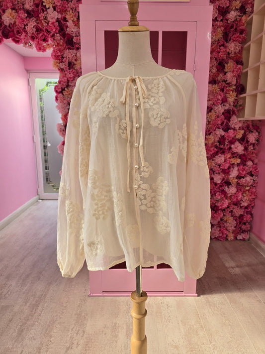 Casual Button-down Cream Lace Blouse