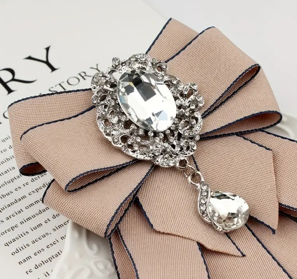 Mauve Pink Rhinestone Bow Tie Broach