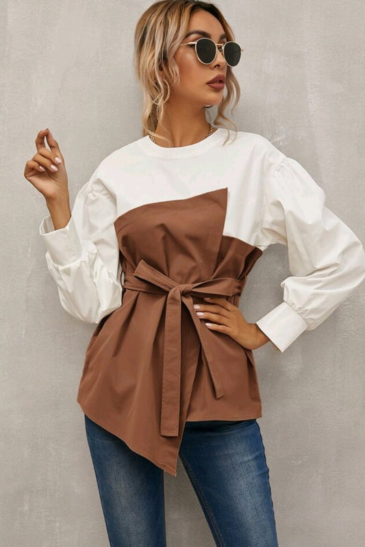 Autumn Tan and Soft White - Wrapped Blouse